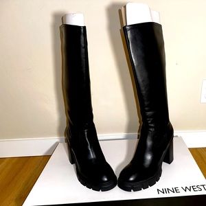 Nine West Kani Black Chunky Stacked Block Heel Round Toe Tall knee High boots
